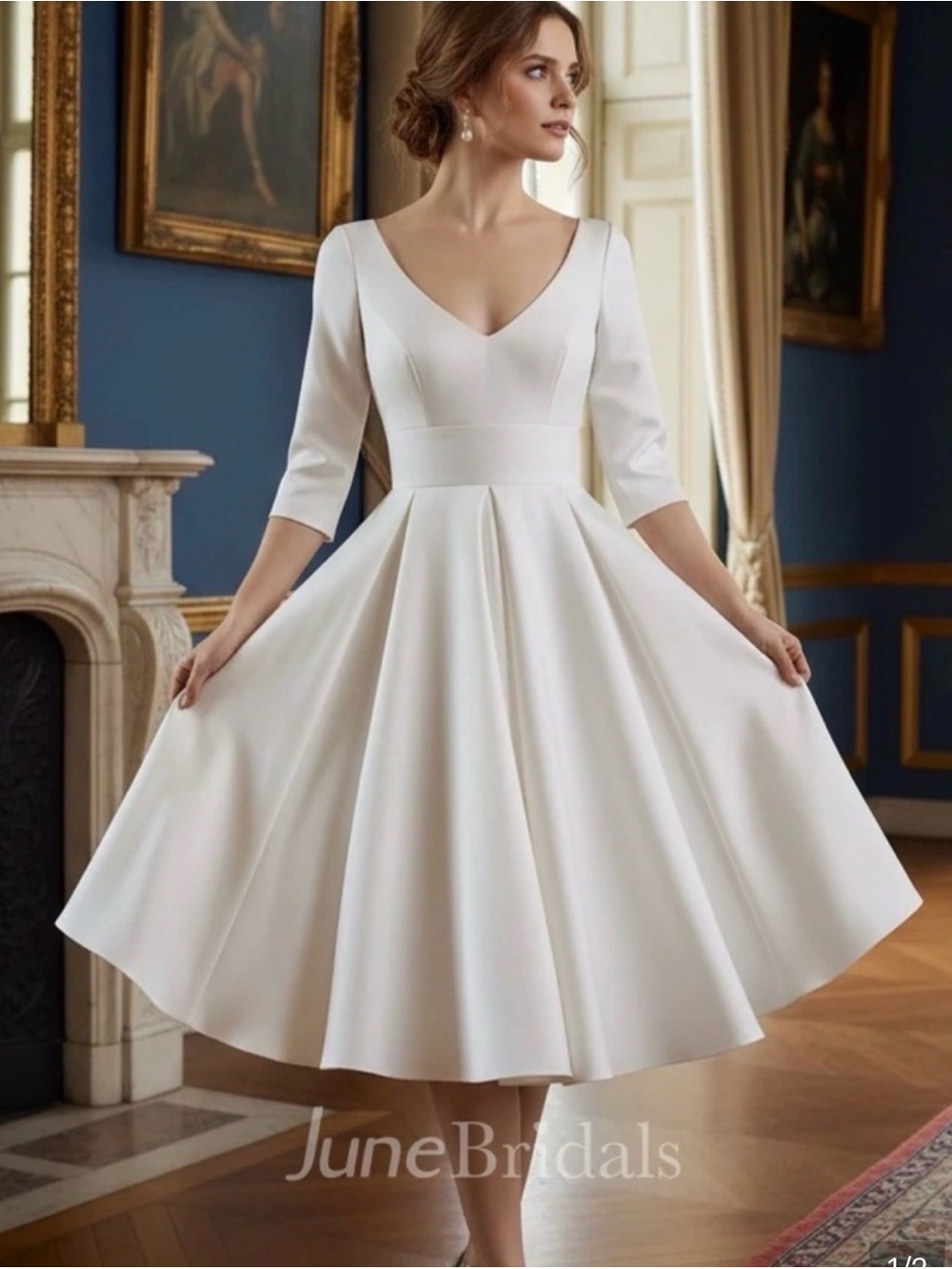 White V-Neck Tea-Length Dress
